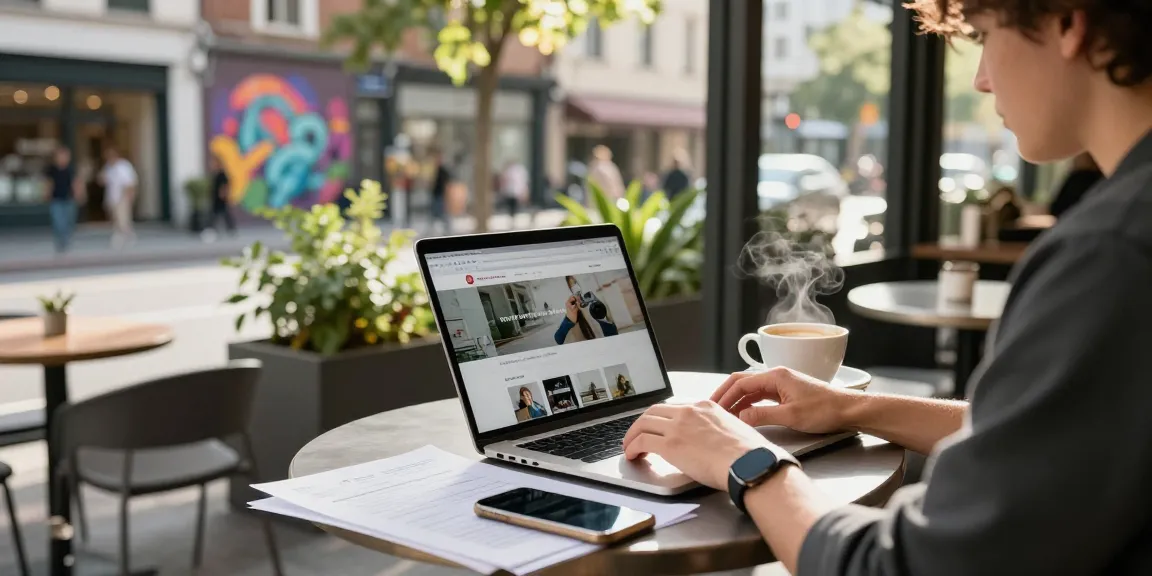 Person using a laptop at a cafe table, exploring 강남토닥이 online, modern urban lifestyle.