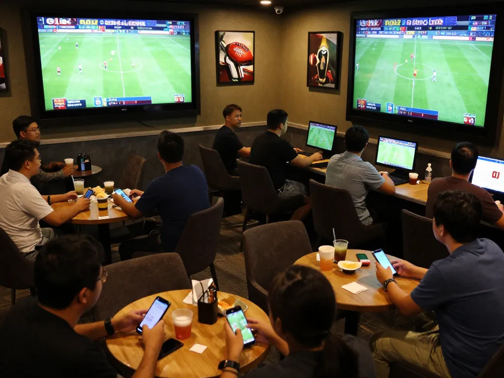 Fans engaging in o8 bóng đá betting while watching a live football match in a vibrant lounge.