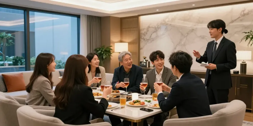 강남구구단의 고급스러운 독립 룸에서 친구들과 함께 즐거운 시간을 보내는 장면