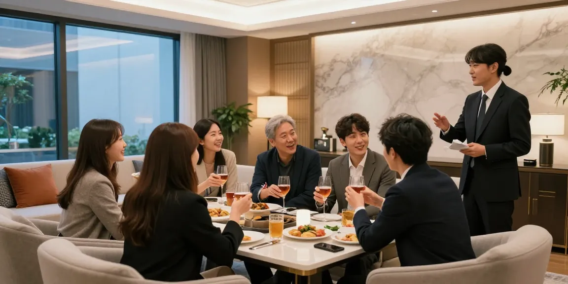 강남구구단의 고급스러운 독립 룸에서 친구들과 함께 즐거운 시간을 보내는 장면