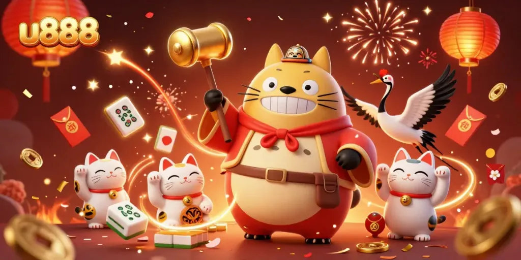 Join the fun at u888 with a vibrant 3D scene showcasing a tanuki, crane, and waving fortune cats in a festive casino atmosphere.