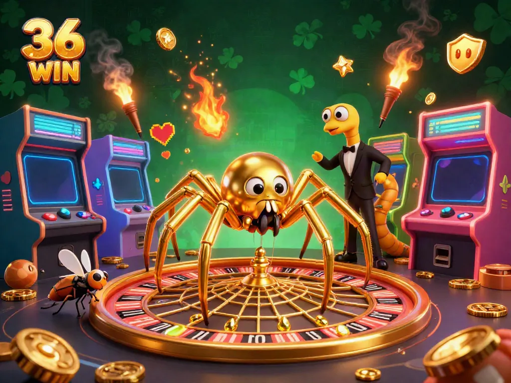 Engage in thrilling bets at 36 WIN with a golden spider and centipede croupier in a vibrant casino scene.
