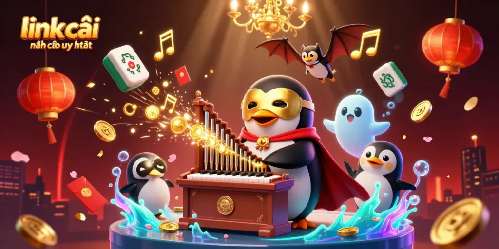 Experience link vào nhà cái uy tín with an elaborate 3D illustration of a penguin playing a coin-shooting organ amidst vibrant casino elements.