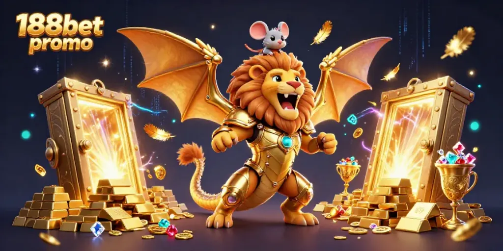 Experience the excitement of the 188bet promo with a playful chimera and treasures in this vibrant 3D scene.