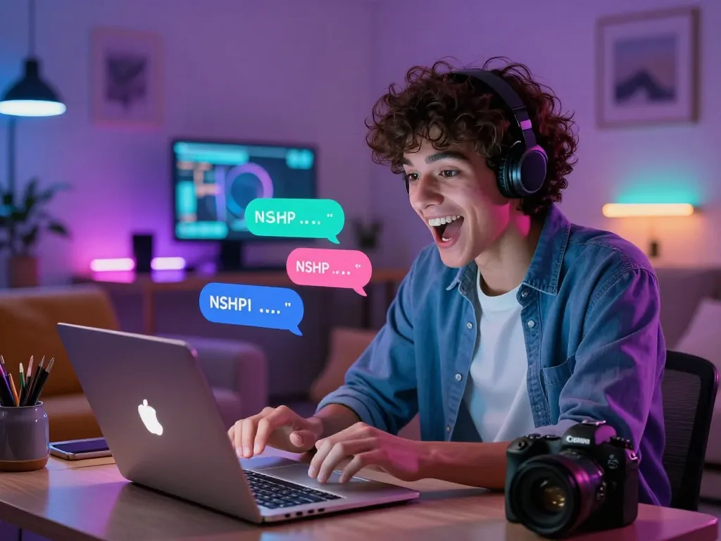 Engaging with an nsfw chat bot on a sleek laptop in a vibrant atmosphere.