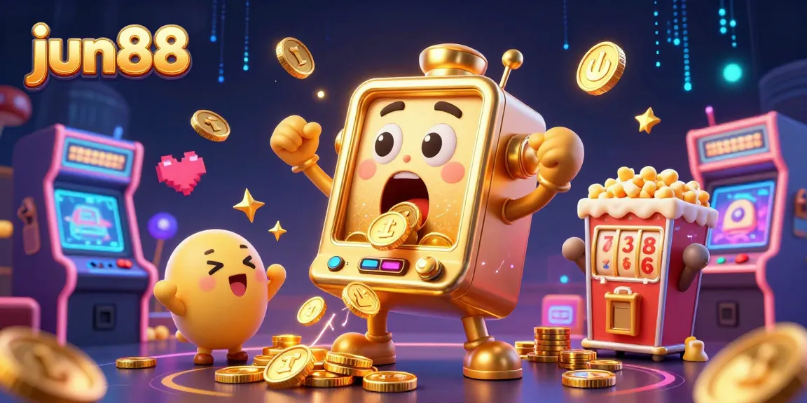 Experience the excitement of jun88 with a golden slot machine celebrating a jackpot amidst cheering machines.