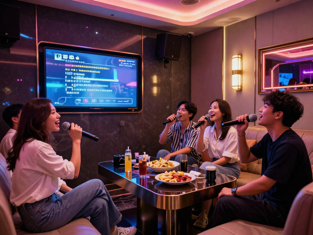 강남 가라오케에서 친구들과 노래를 부르며 즐거운 시간을 보내는 모습