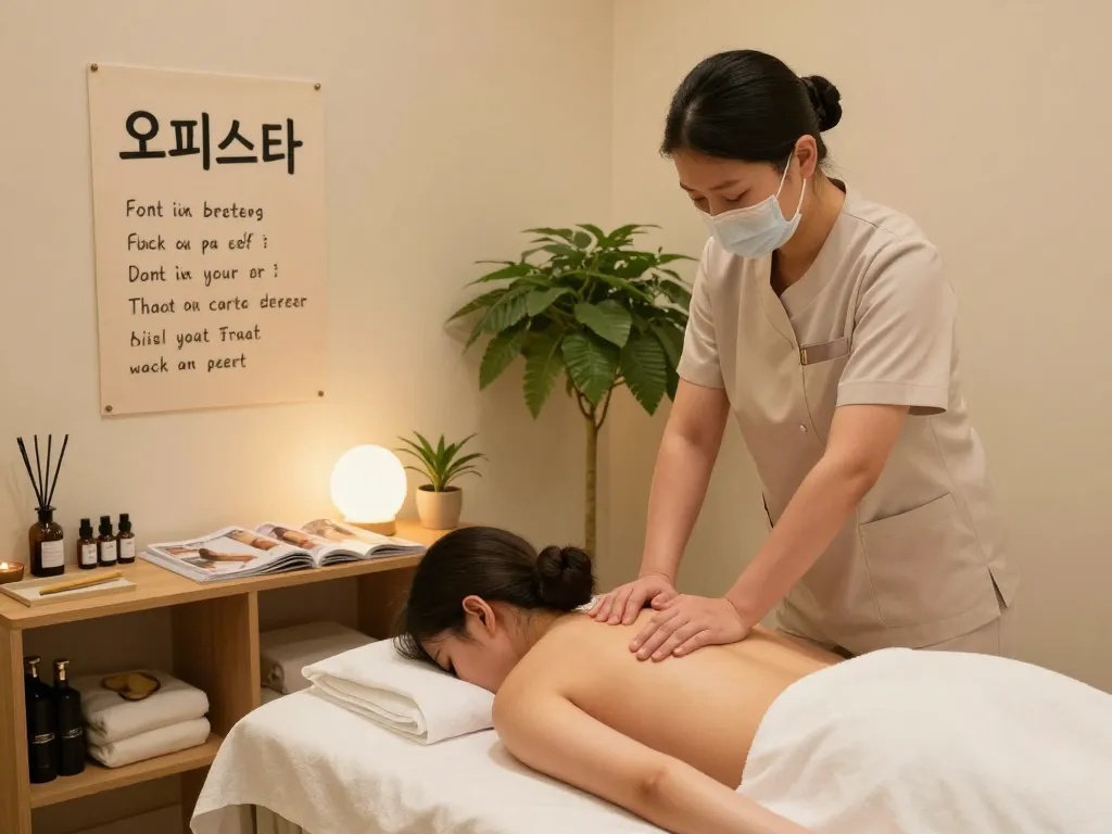 편안한 환경에서 오피스타의 웰빙 서비스를 반영하는 릴렉싱 마사지 치료 세션.