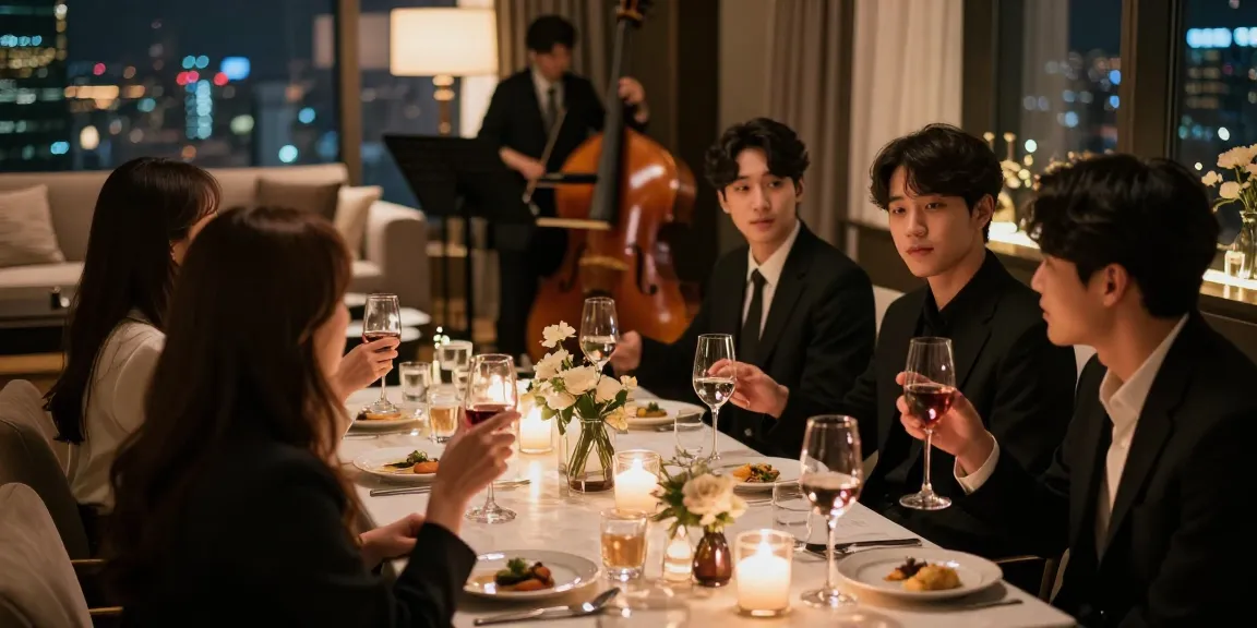 강남 쩜오의 고급스러운 분위기와 프라이빗 룸에서 즐거운 대화를 나누는 모습