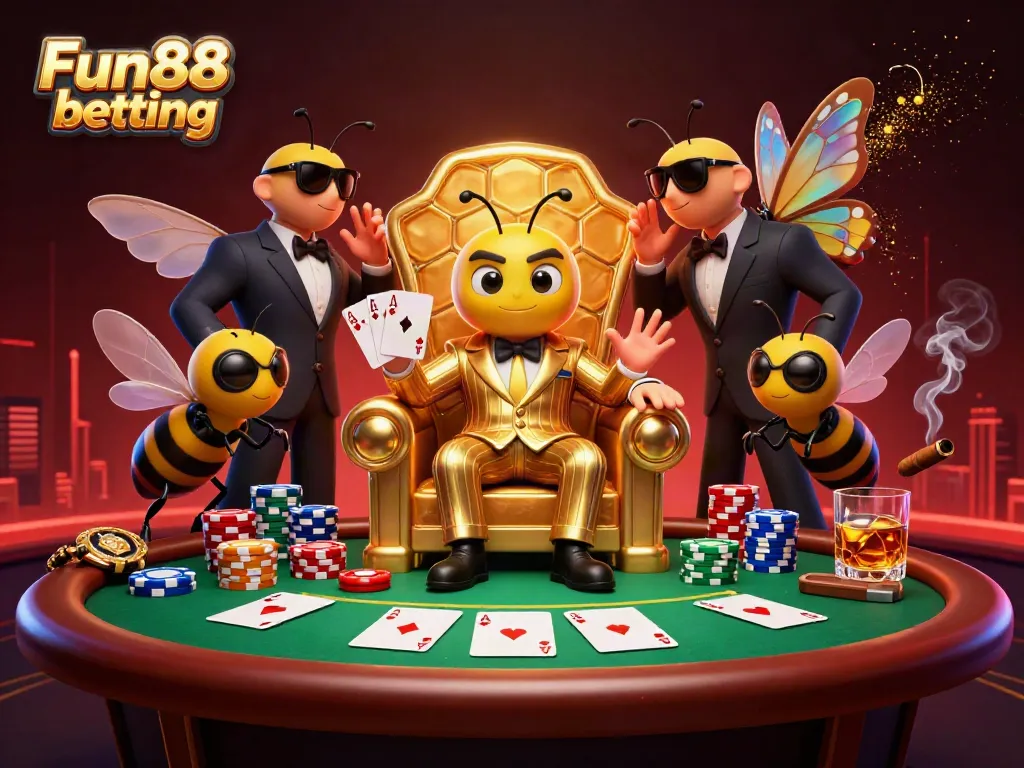 Experience Fun88 betting with a vibrant illustration of a bumblebee mob boss surrounded by casino elements.