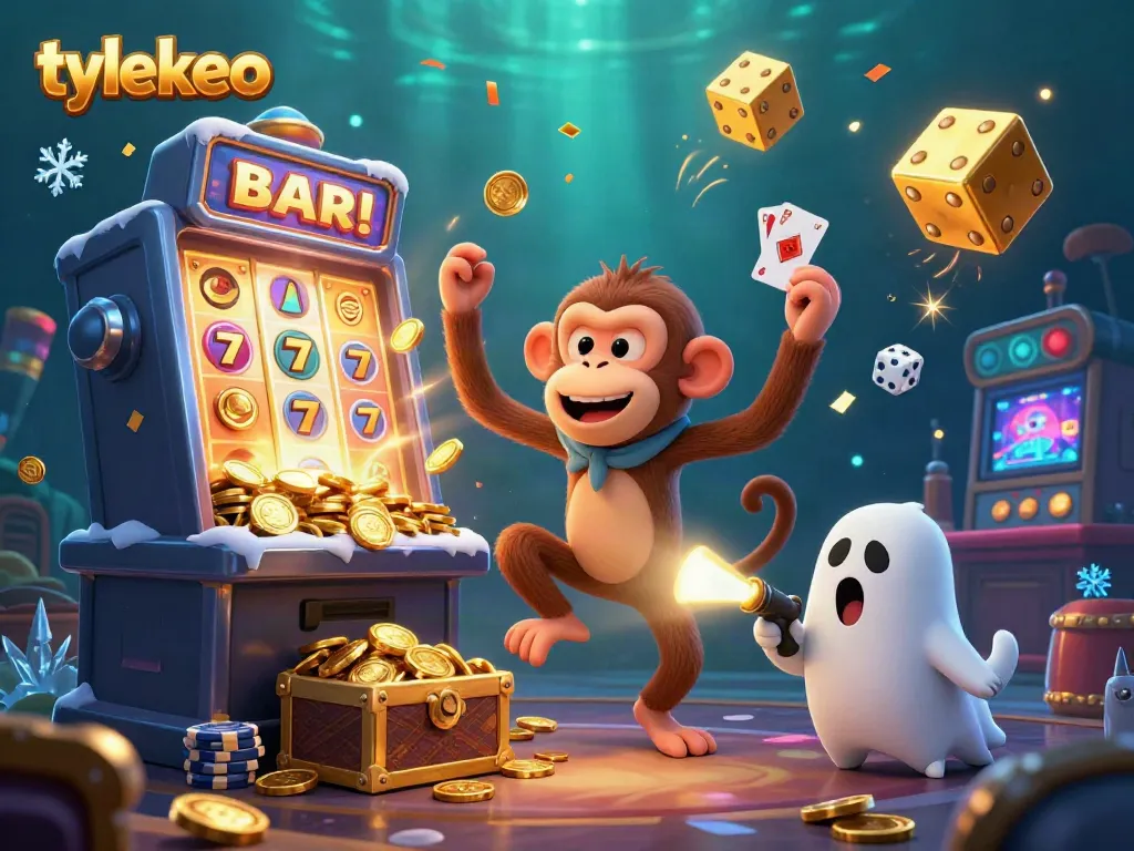 Tylekeo's exciting casino scene featuring a mischievous poltergeist monkey juggling golden coins and a curious ghost-hunter puppy in a vibrant setting.