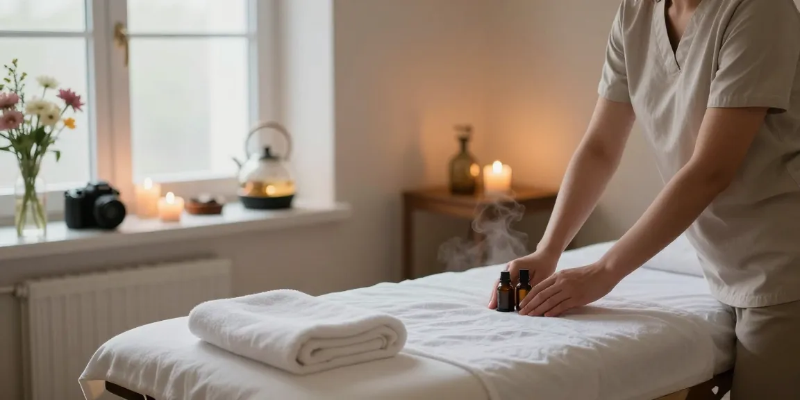 마사지 치료를 준비하는 차분한 분위기의 스웨디시 마사지 룸, 아늑한 조명과 편안한 배치.