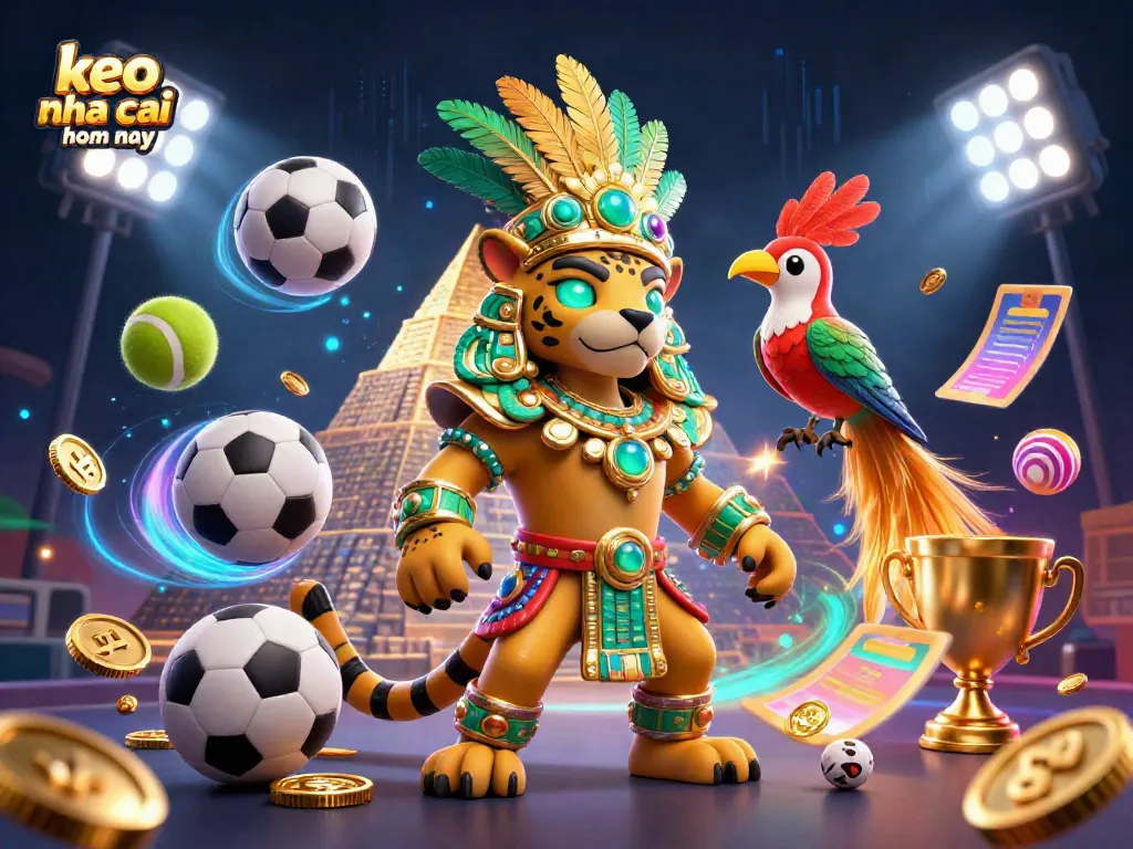 Engaging scene of keo nha cai hom nay with vibrant Mayan jaguar priest, sports elements, and dynamic competition atmosphere.