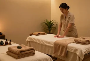 마사지 치료를 위한 아늑한 스파 실내에서 편안한 분위기 연출
