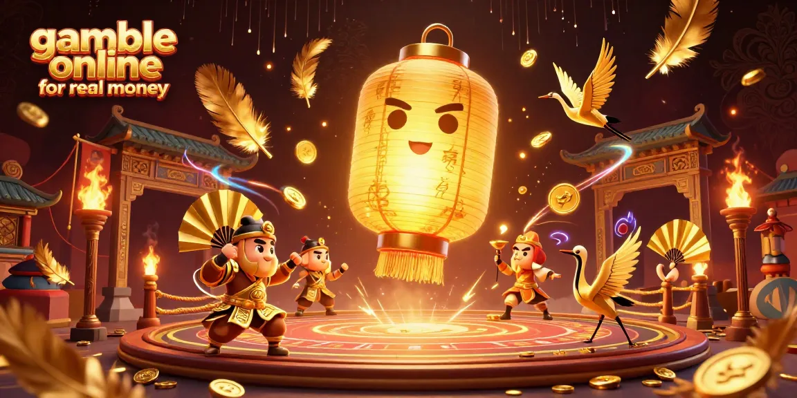 Gamble online for real money with a vibrant scene of a golden lantern spirit above a night market casino.