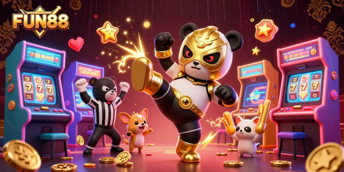 Experience exhilarating gaming action at FUN88 with cartoon characters, jackpot gaming machines, and vibrant visuals.
