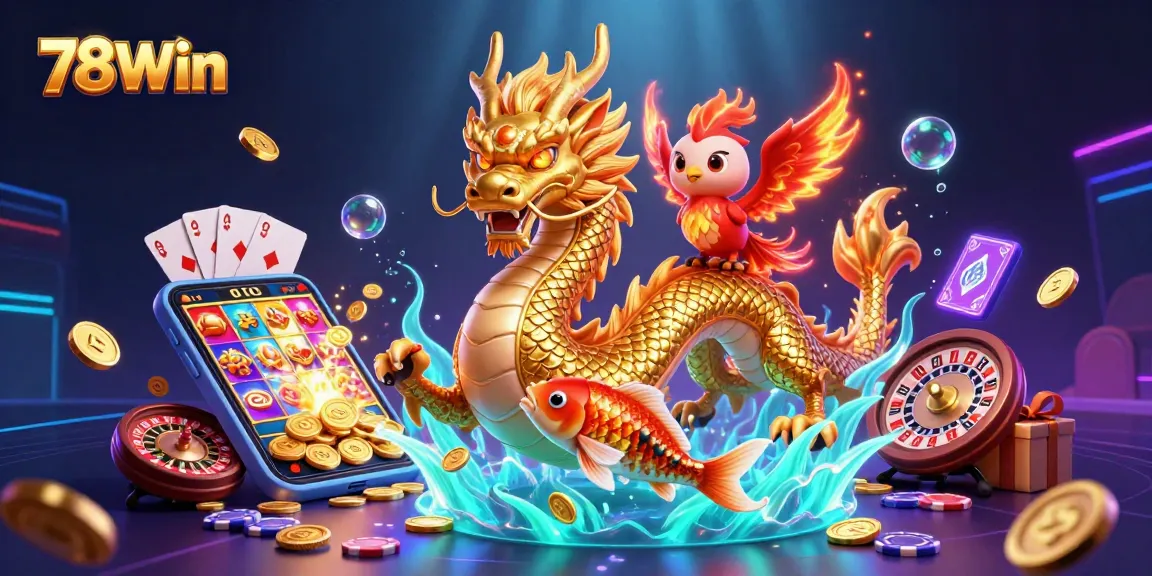 Join the thrilling world of 78Win and enjoy vibrant casino experiences with a dragon, phoenix, and koi.