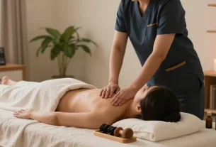 Indulging in 인천출장마사지 at home, professional therapist providing a relaxing massage in a cozy setting.