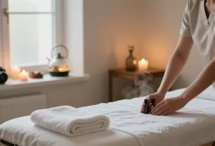 마사지 치료를 준비하는 차분한 분위기의 스웨디시 마사지 룸, 아늑한 조명과 편안한 배치.